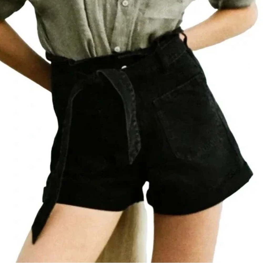 Women Zara Sz US 4 Paper Bag Fit denim black shorts with belt